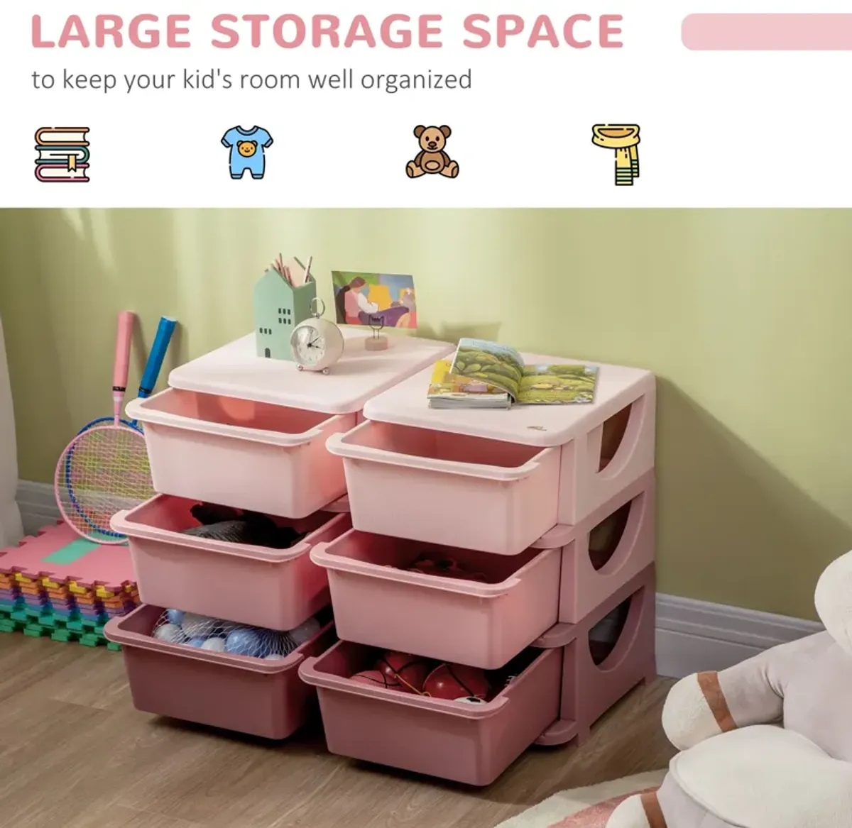 Pink Kids' Organizer: 3-Tier Storage Unit with 6 Plastic Drawers