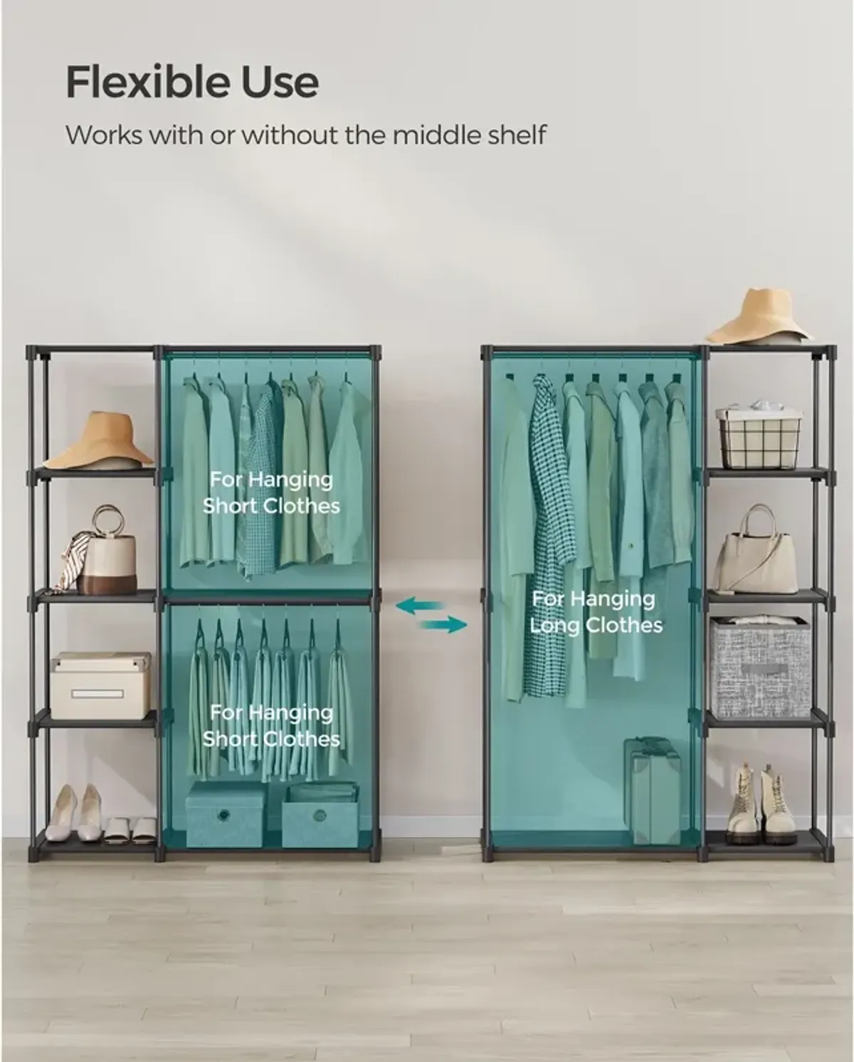 Freestanding Closet Organizer, Portable Wardrobe with Hanging Rods