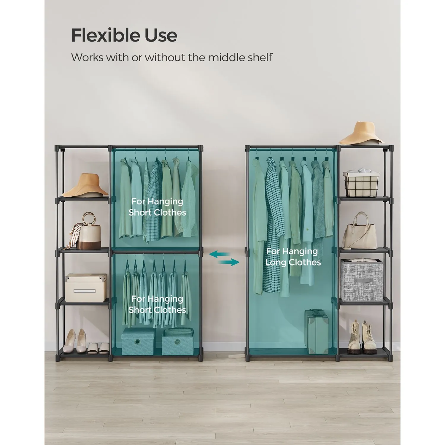 Freestanding Closet Organizer, Portable Wardrobe with Hanging Rods