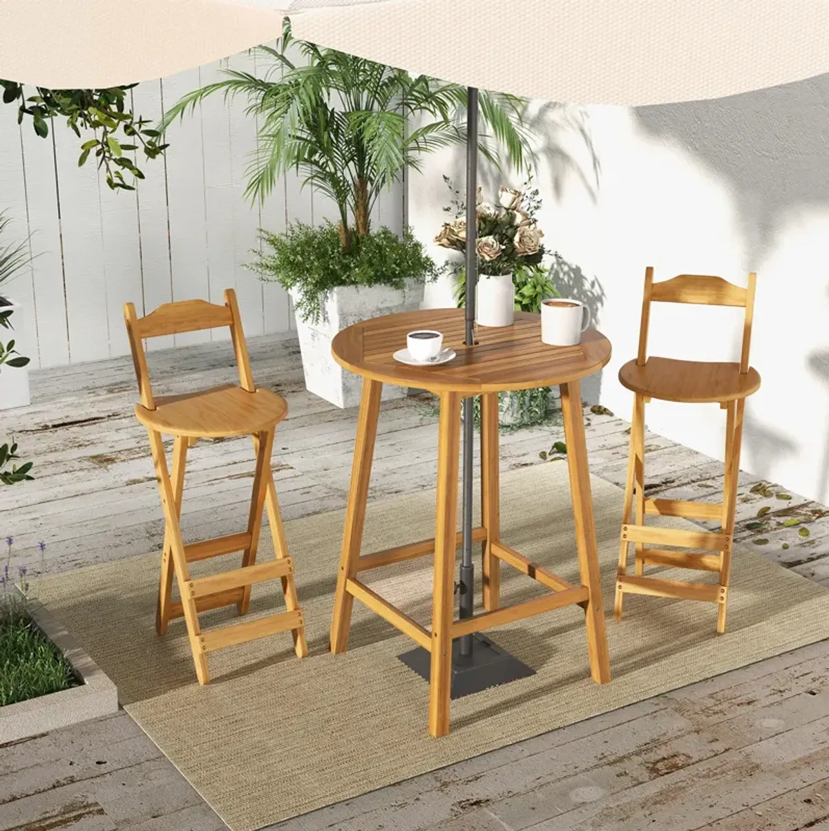 Bar Height Table with Umbrella Hole and Slatted Tabletop for Outdoors