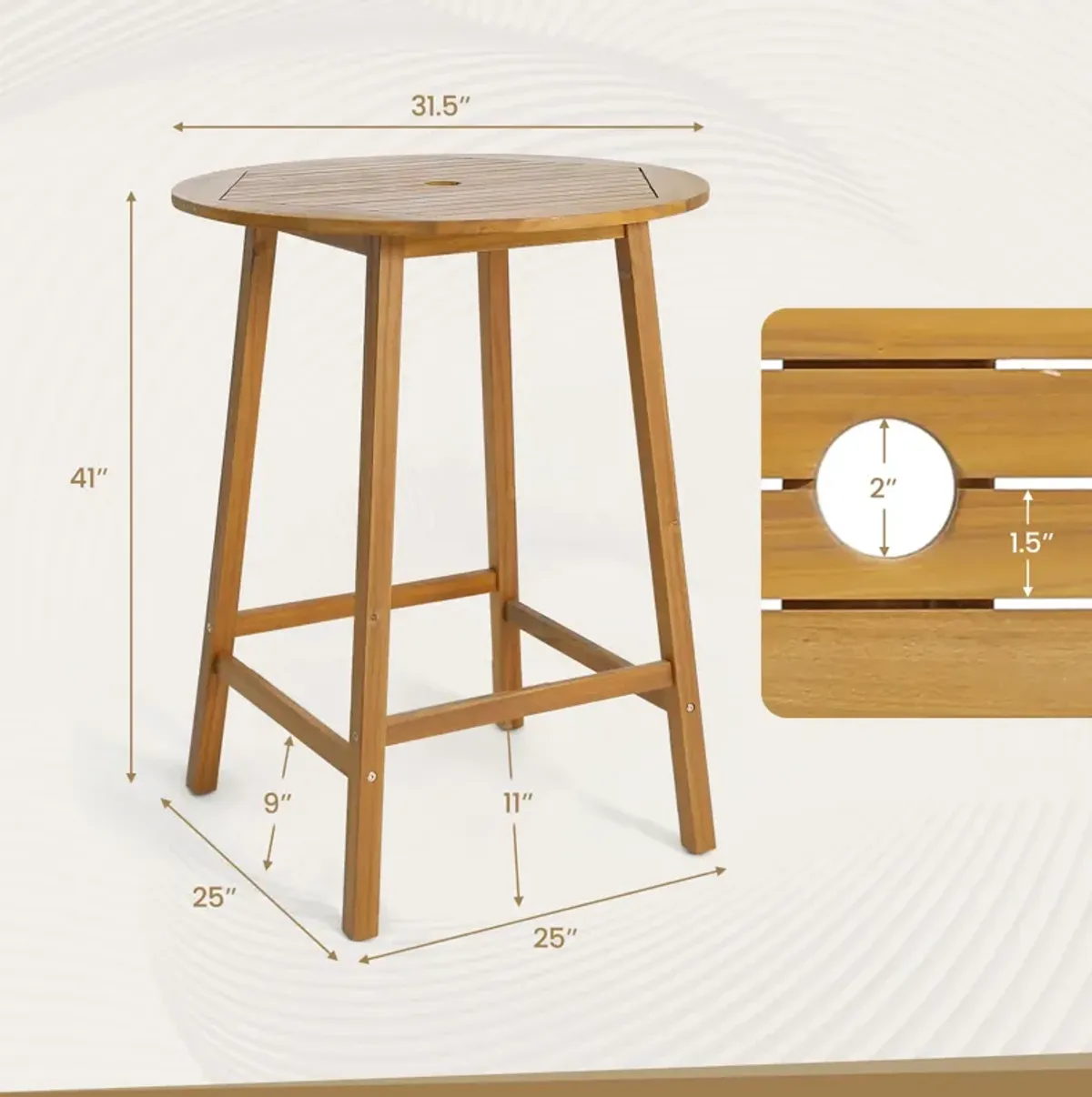 Bar Height Table with Umbrella Hole and Slatted Tabletop for Outdoors