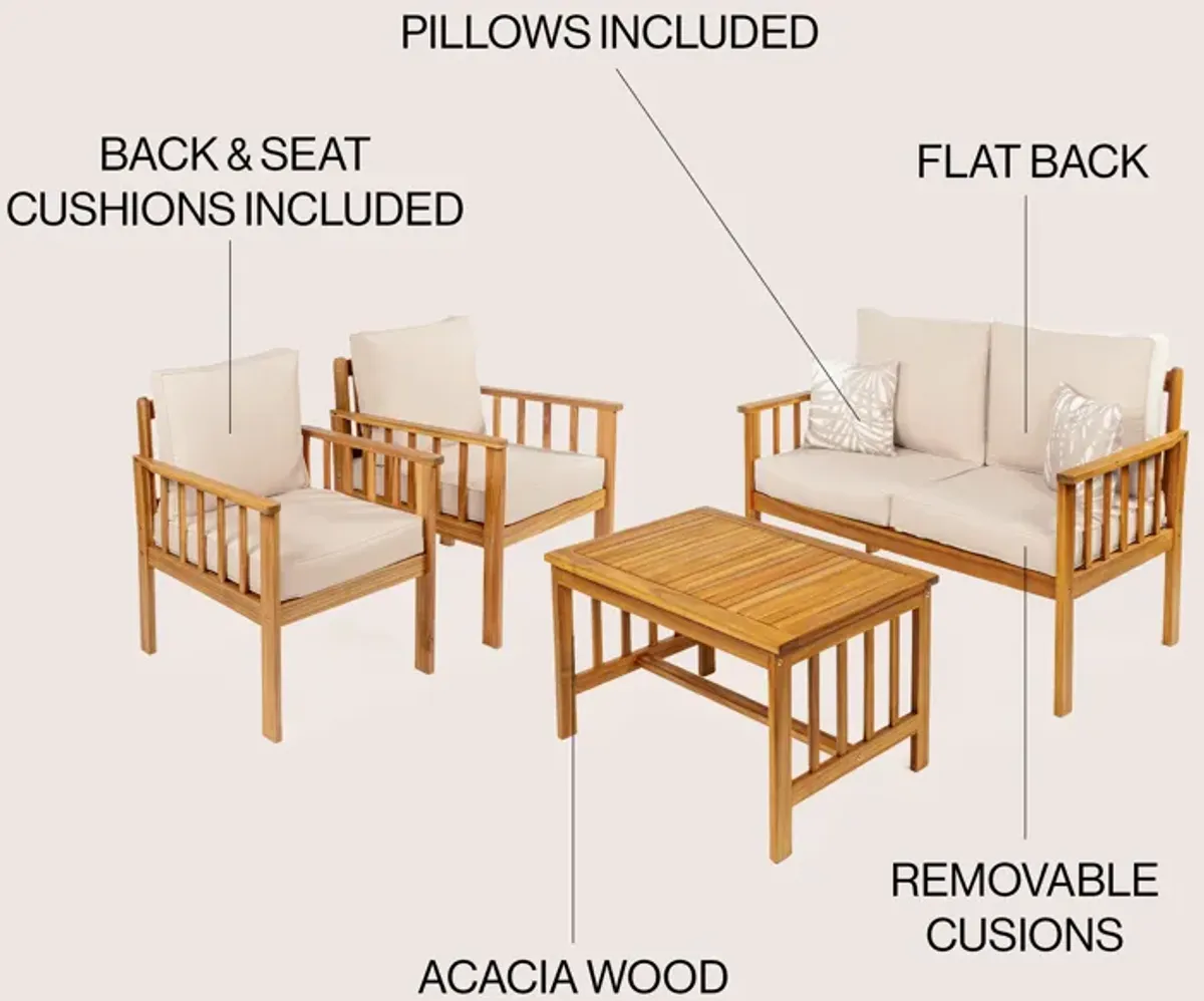 Everly 4-Piece Modern Cottage Acacia Wood Outdoor Patio Set with Cushions and Tropical Decorative Pillows