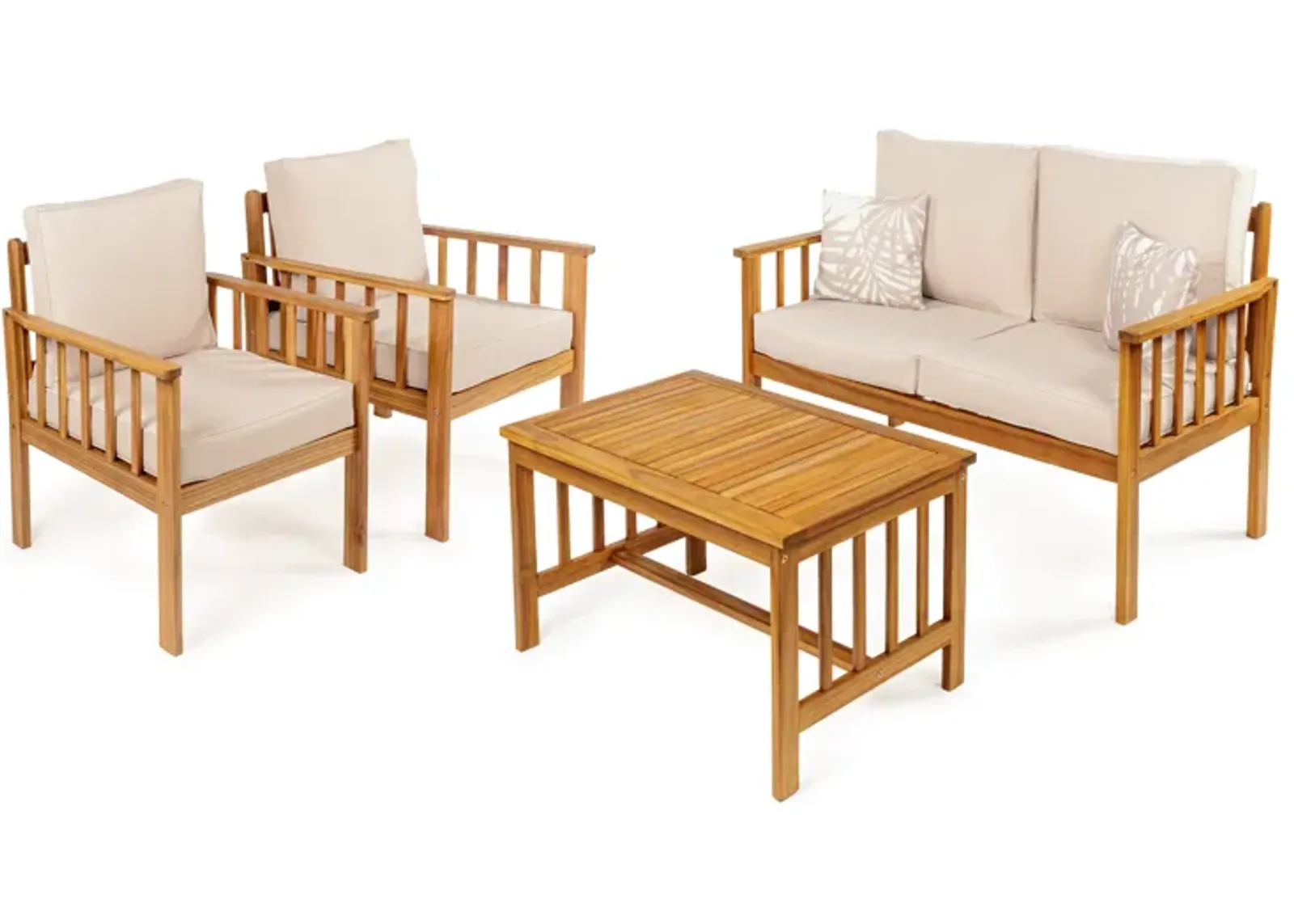 Everly 4-Piece Modern Cottage Acacia Wood Outdoor Patio Set with Cushions and Tropical Decorative Pillows