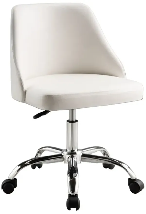 Yim 22 Inch Adjustable Swivel Office Chair, White Faux Leather, Chrome Base - Benzara