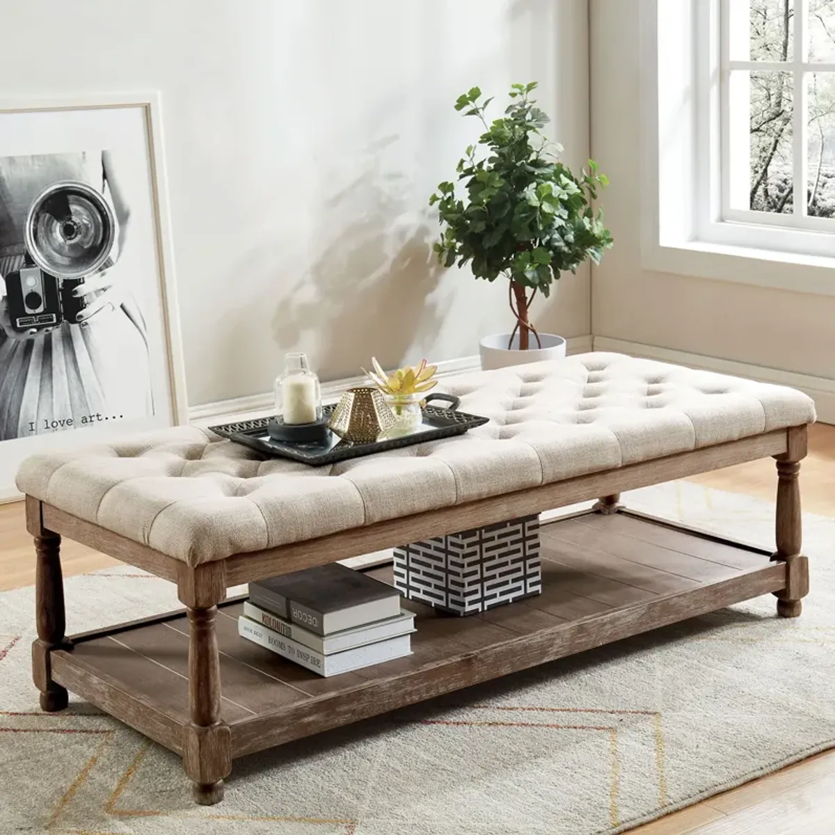 Linen and Wood Bench with Open Shelf in Beige