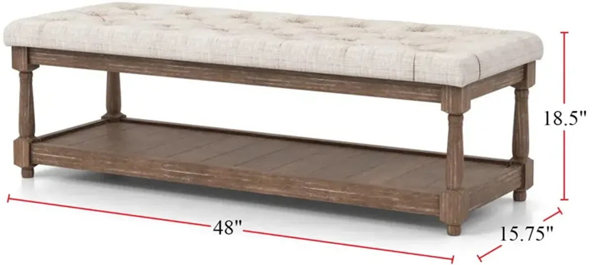 Linen and Wood Bench with Open Shelf in Beige