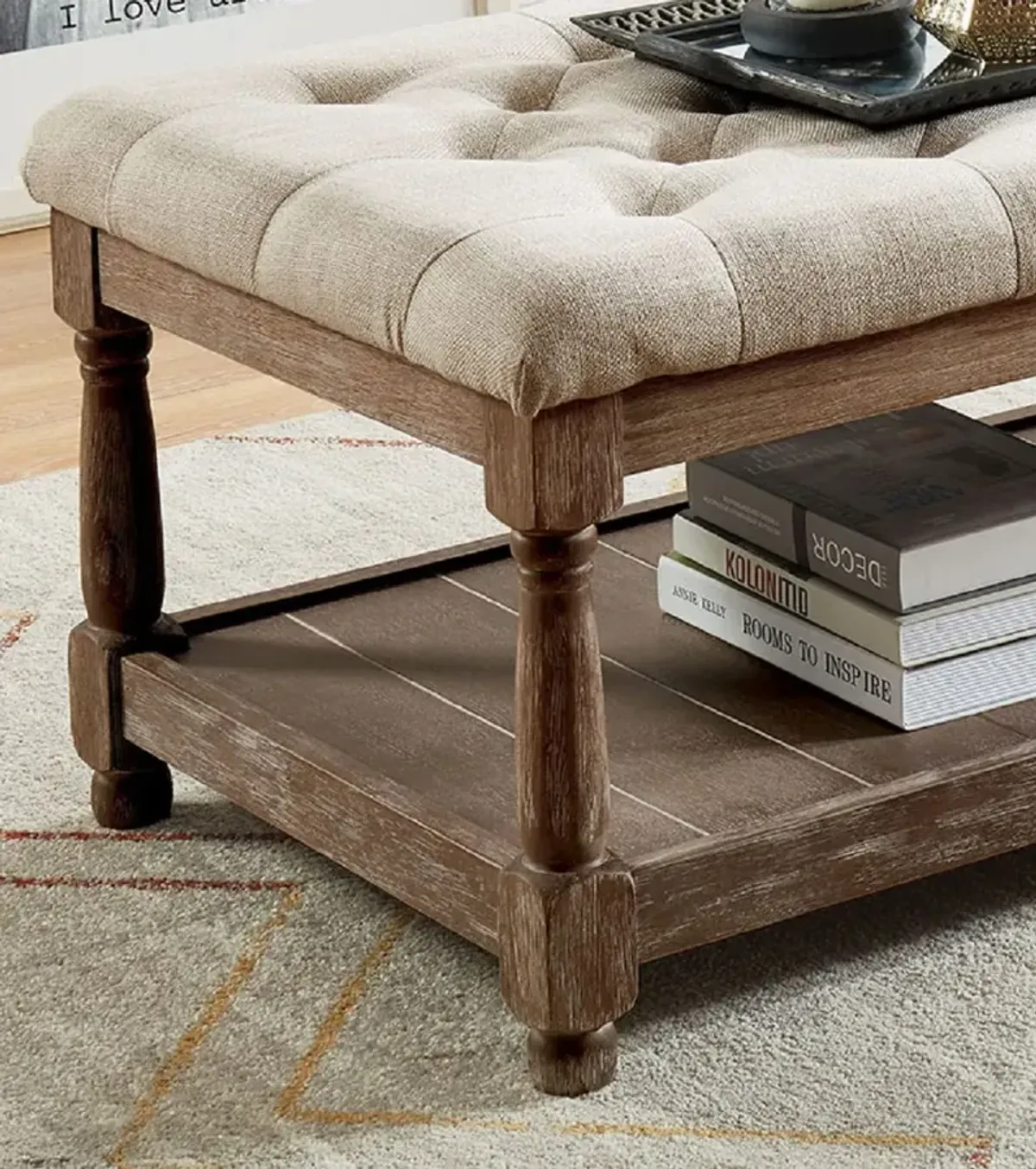 Linen and Wood Bench with Open Shelf in Beige