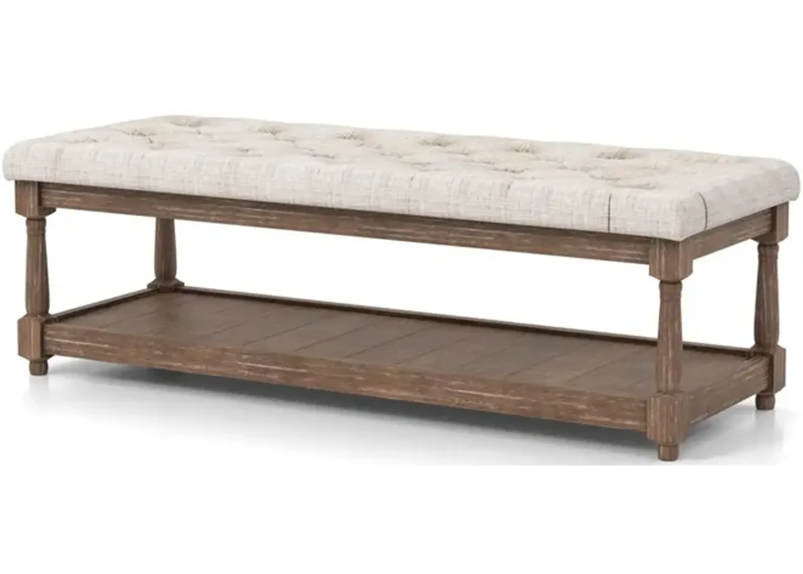 Linen and Wood Bench with Open Shelf in Beige