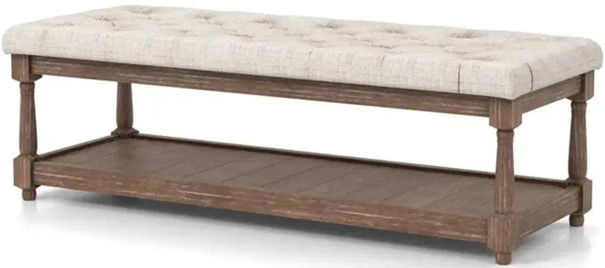 Linen and Wood Bench with Open Shelf in Beige