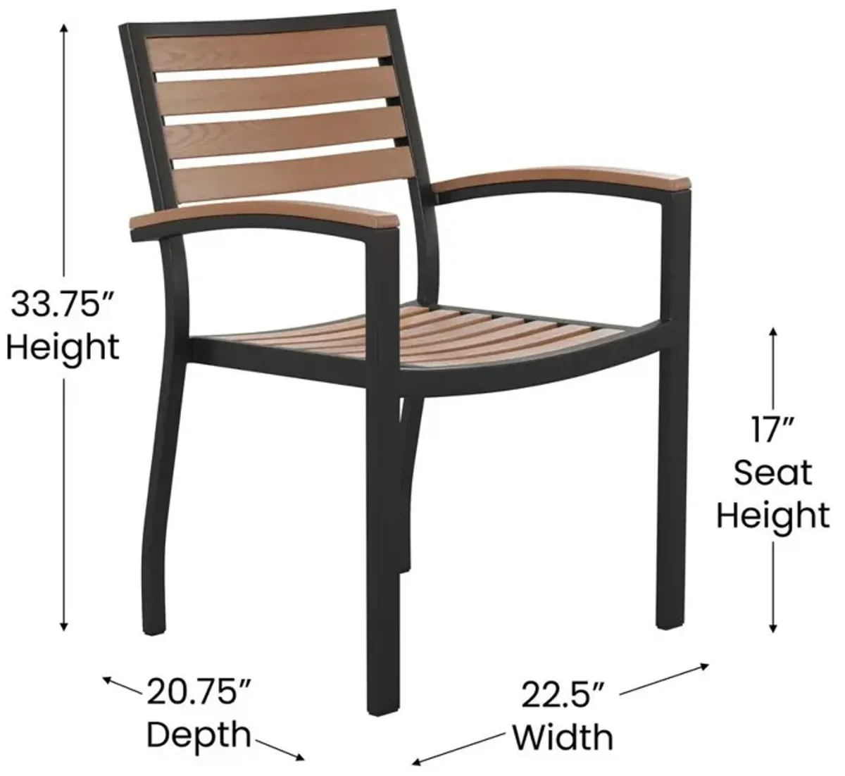 Flash Furniture Outdoor Stackable Faux Teak Side Chair - Commercial Grade Black Aluminum Patio Chair with Synthetic Teak Slats - Set of 2