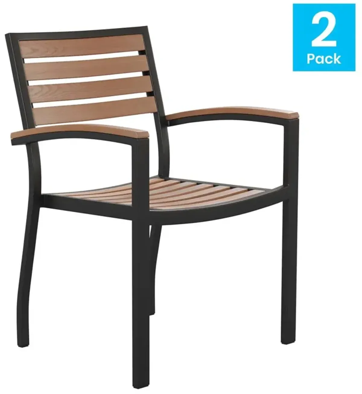 Flash Furniture Outdoor Stackable Faux Teak Side Chair - Commercial Grade Black Aluminum Patio Chair with Synthetic Teak Slats - Set of 2
