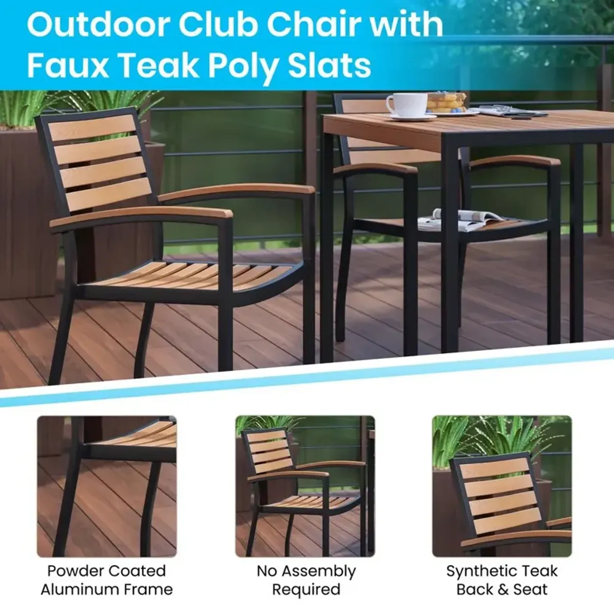 Flash Furniture Outdoor Stackable Faux Teak Side Chair - Commercial Grade Black Aluminum Patio Chair with Synthetic Teak Slats - Set of 2