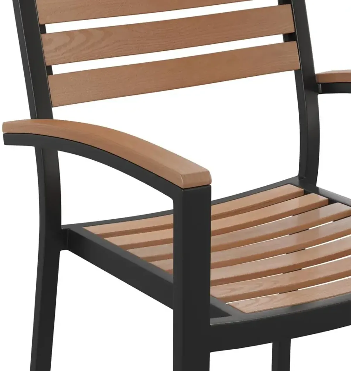 Flash Furniture Outdoor Stackable Faux Teak Side Chair - Commercial Grade Black Aluminum Patio Chair with Synthetic Teak Slats - Set of 2