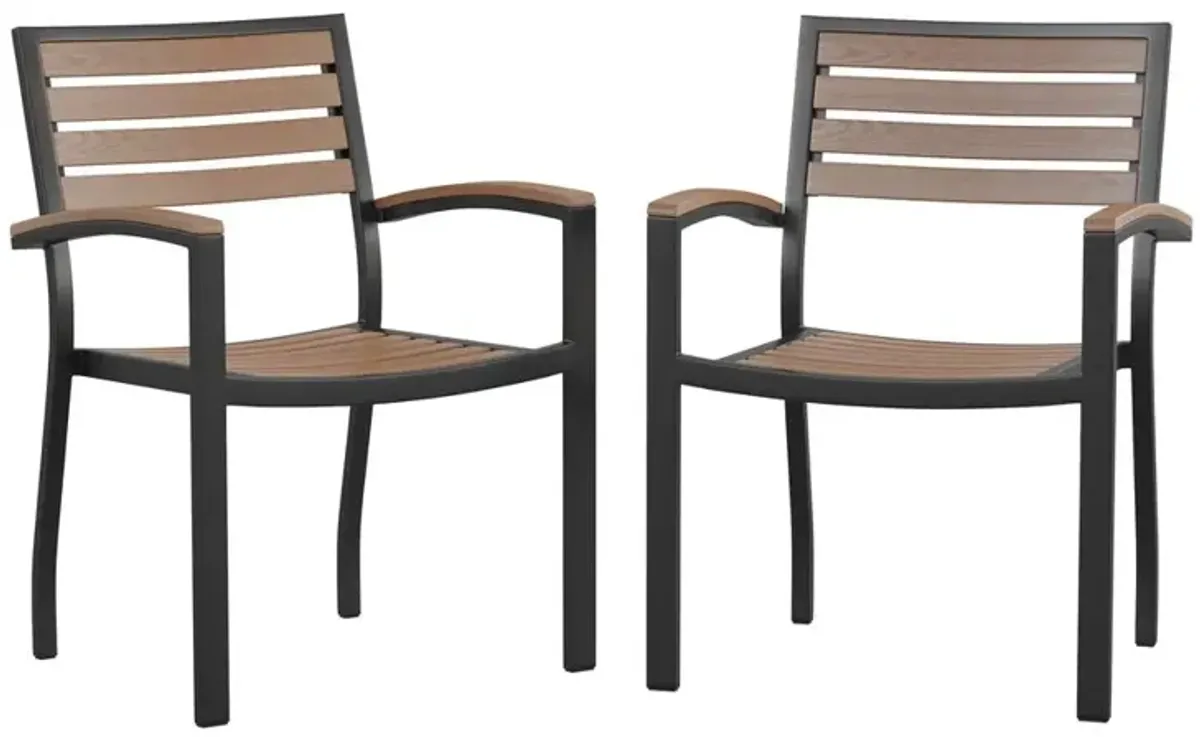 Flash Furniture Outdoor Stackable Faux Teak Side Chair - Commercial Grade Black Aluminum Patio Chair with Synthetic Teak Slats - Set of 2