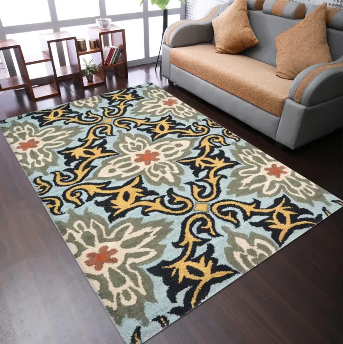RUGSOTIC CARPETS HAND TUFTED WOOL ECO-FRIENDLY AREA RUGS  - 8'x10', Rectangle Shape, Blue, Floral Modern Design, High Pile Thick Handmade Anti Skid Area Rugs for Living Room, Bed Room (K00722)