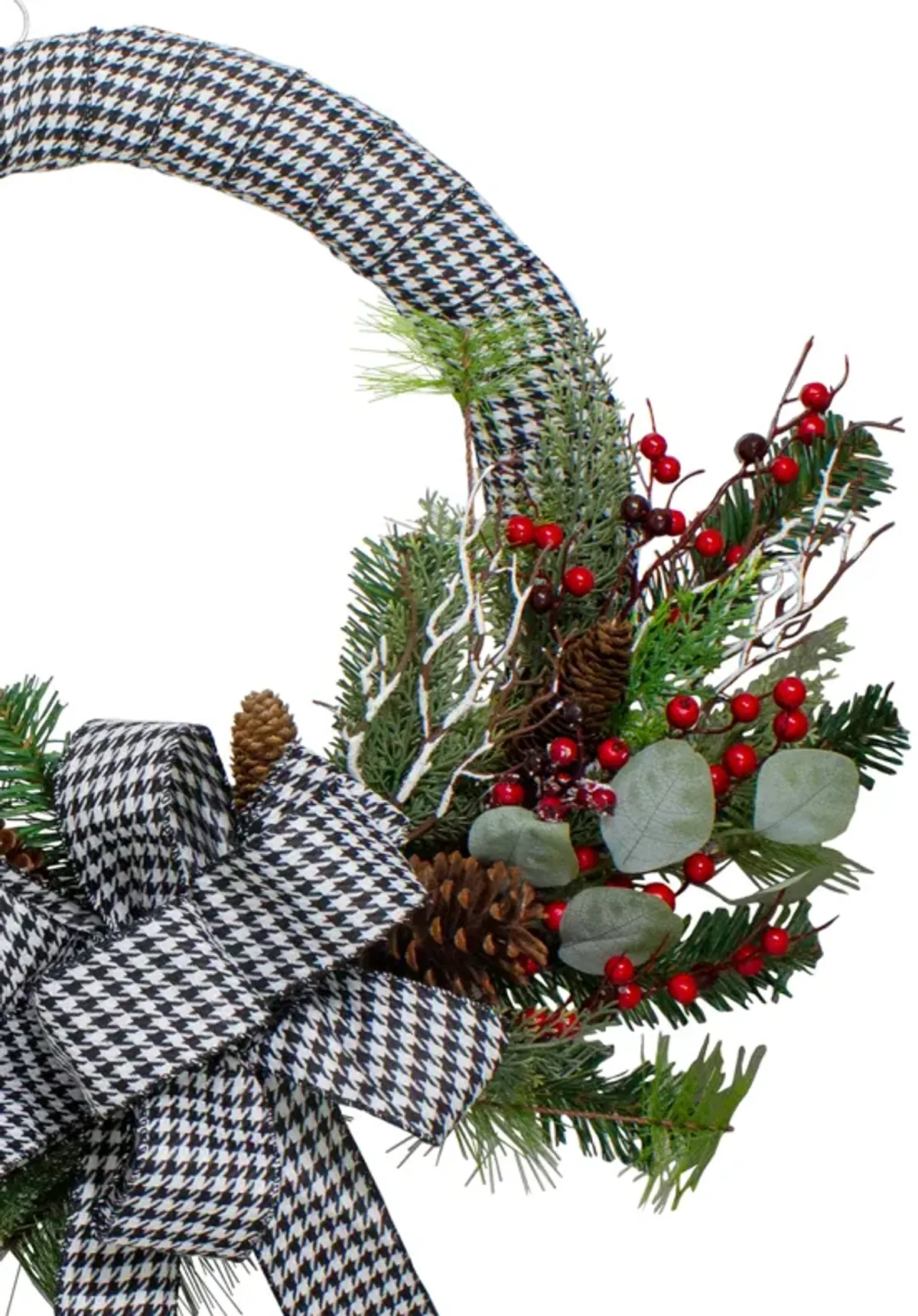 Black and White Houndstooth and Berry Artificial Christmas Wreath - 24-Inch  Unlit