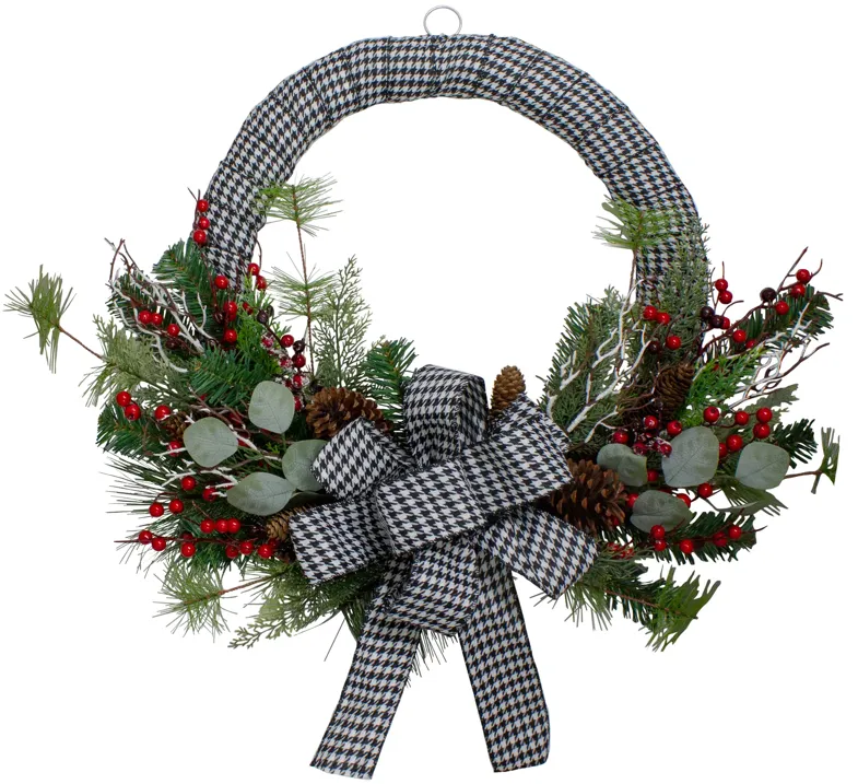 Black and White Houndstooth and Berry Artificial Christmas Wreath - 24-Inch  Unlit