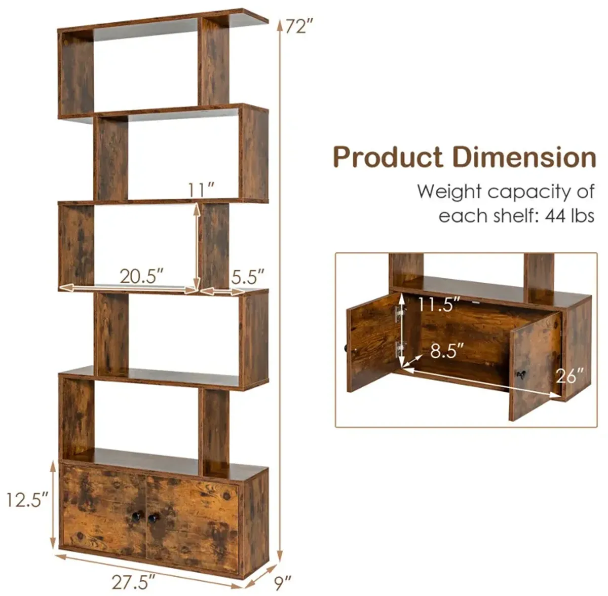 6-Tier S-Shaped Freestanding Bookshelf with Cabinet and Doors