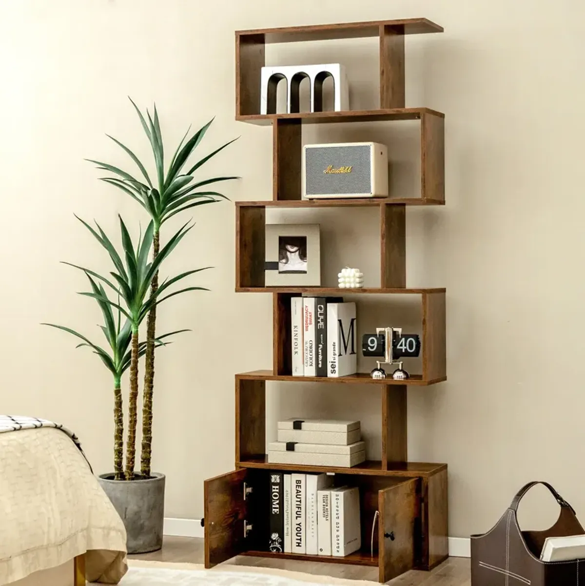 6-Tier S-Shaped Freestanding Bookshelf with Cabinet and Doors