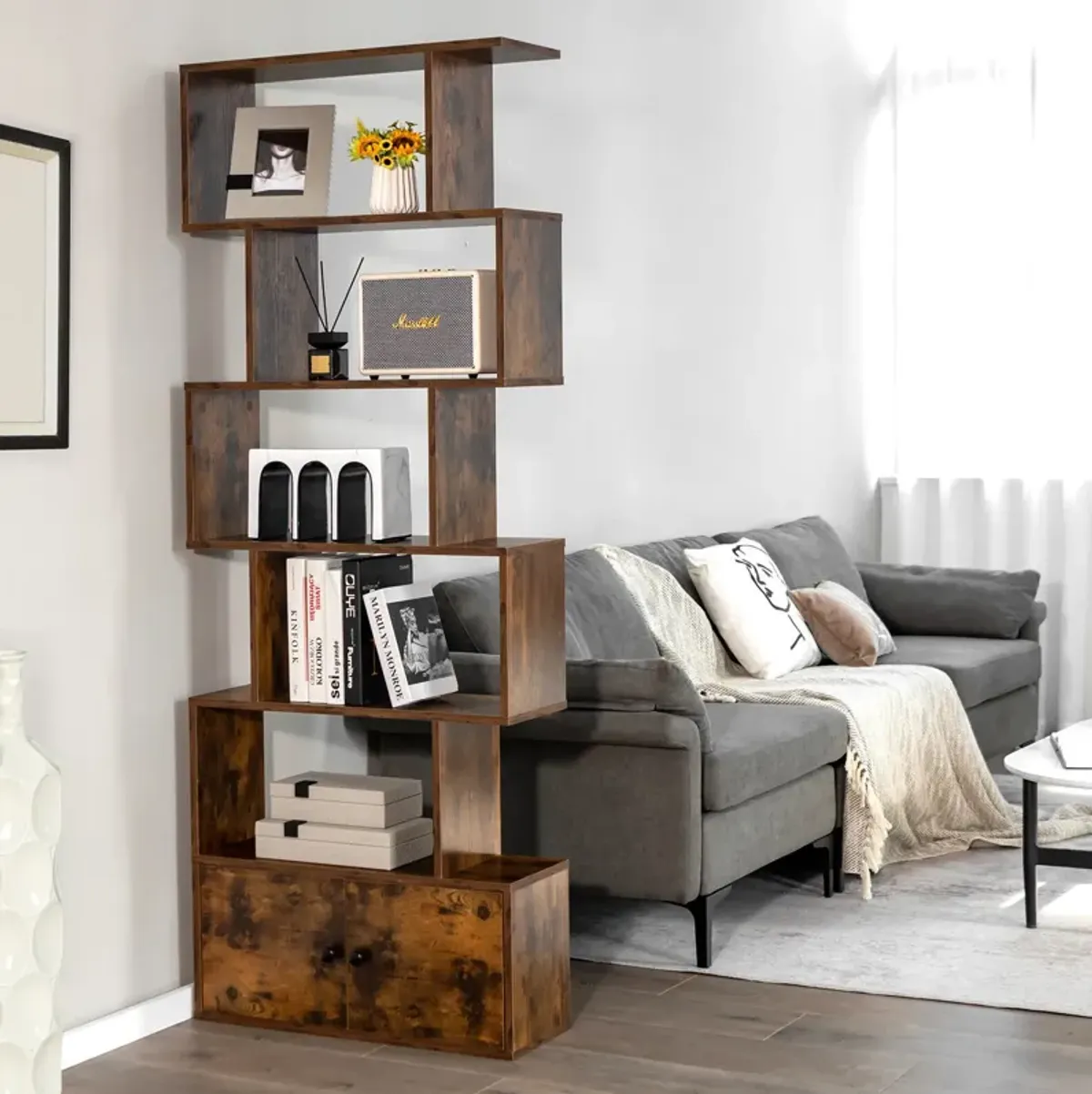 6-Tier S-Shaped Freestanding Bookshelf with Cabinet and Doors