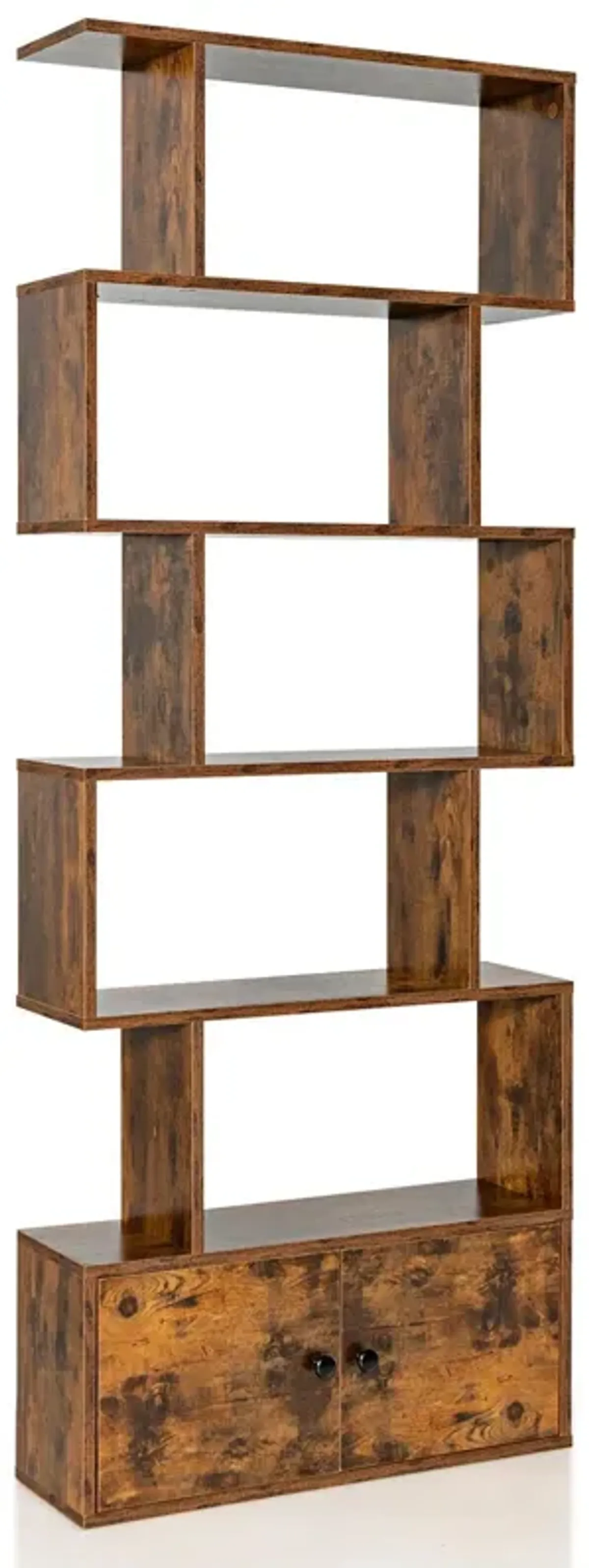 6-Tier S-Shaped Freestanding Bookshelf with Cabinet and Doors