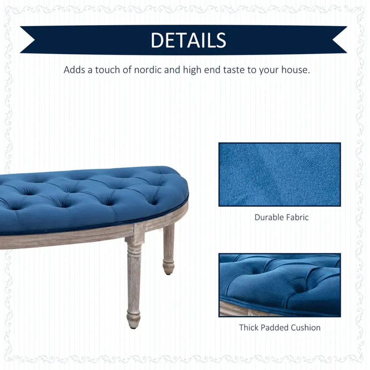 Blue Vintage Seating: Tufted Half Circle Bench with Velvet-Touch Fabric