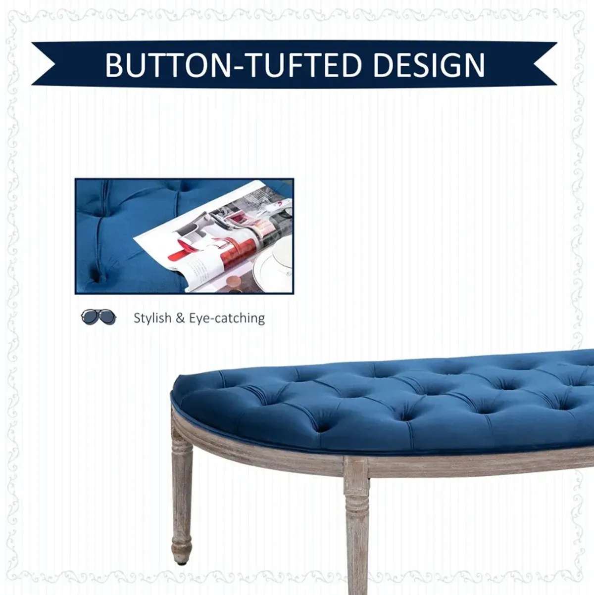 Blue Vintage Seating: Tufted Half Circle Bench with Velvet-Touch Fabric