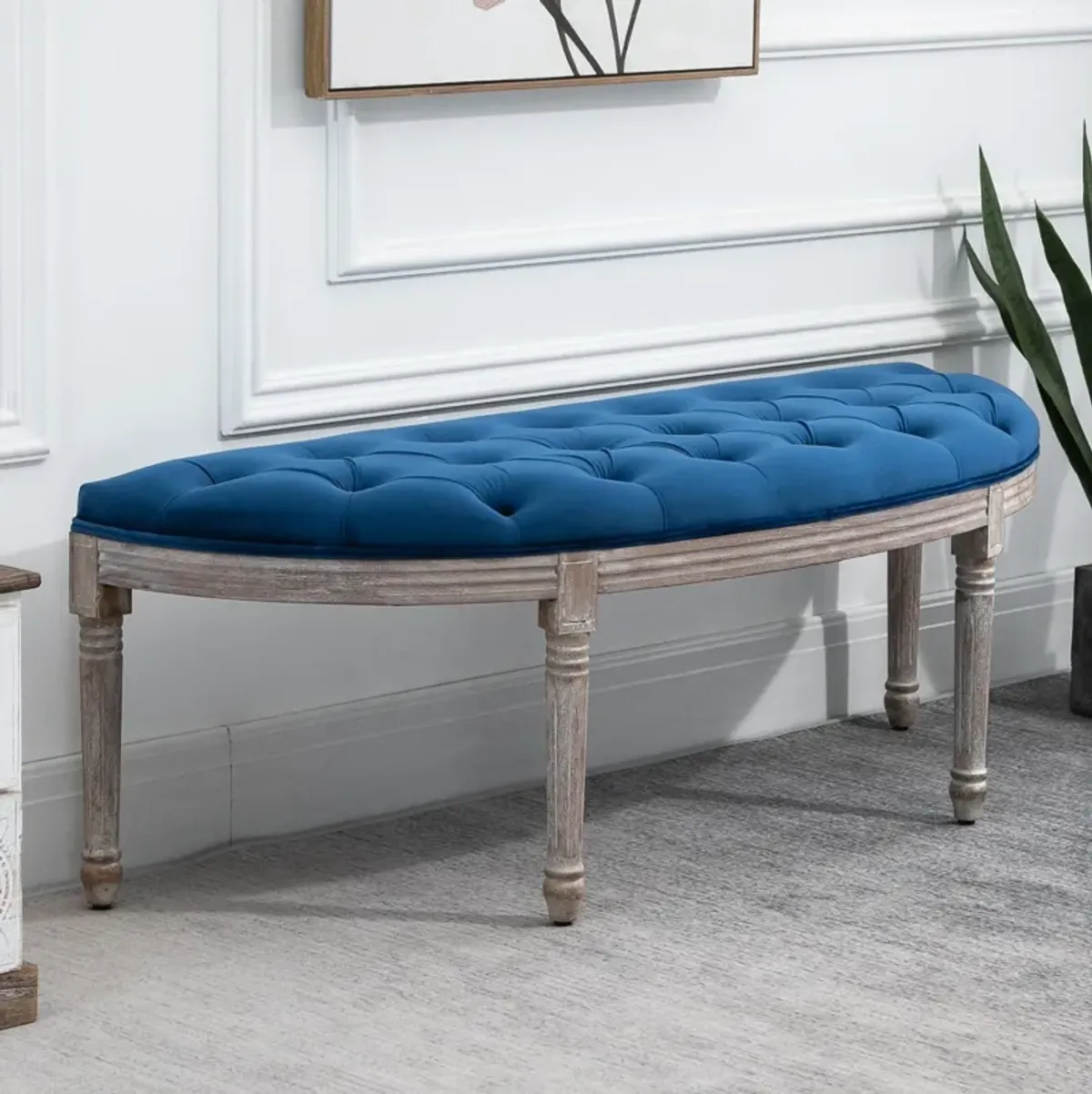 Blue Vintage Seating: Tufted Half Circle Bench with Velvet-Touch Fabric