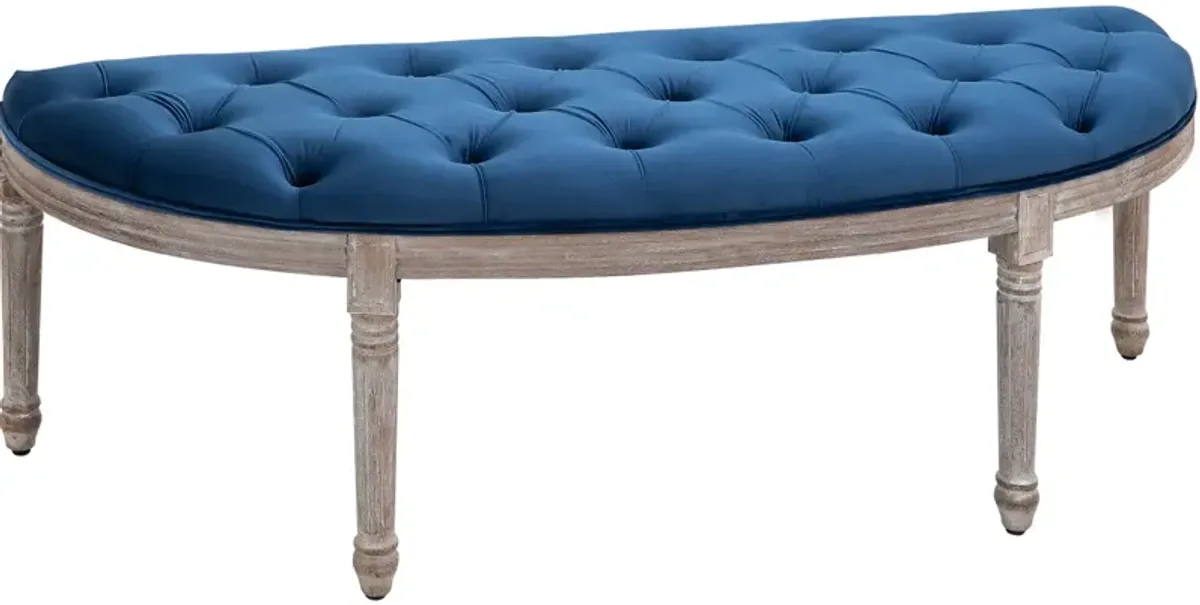 Blue Vintage Seating: Tufted Half Circle Bench with Velvet-Touch Fabric