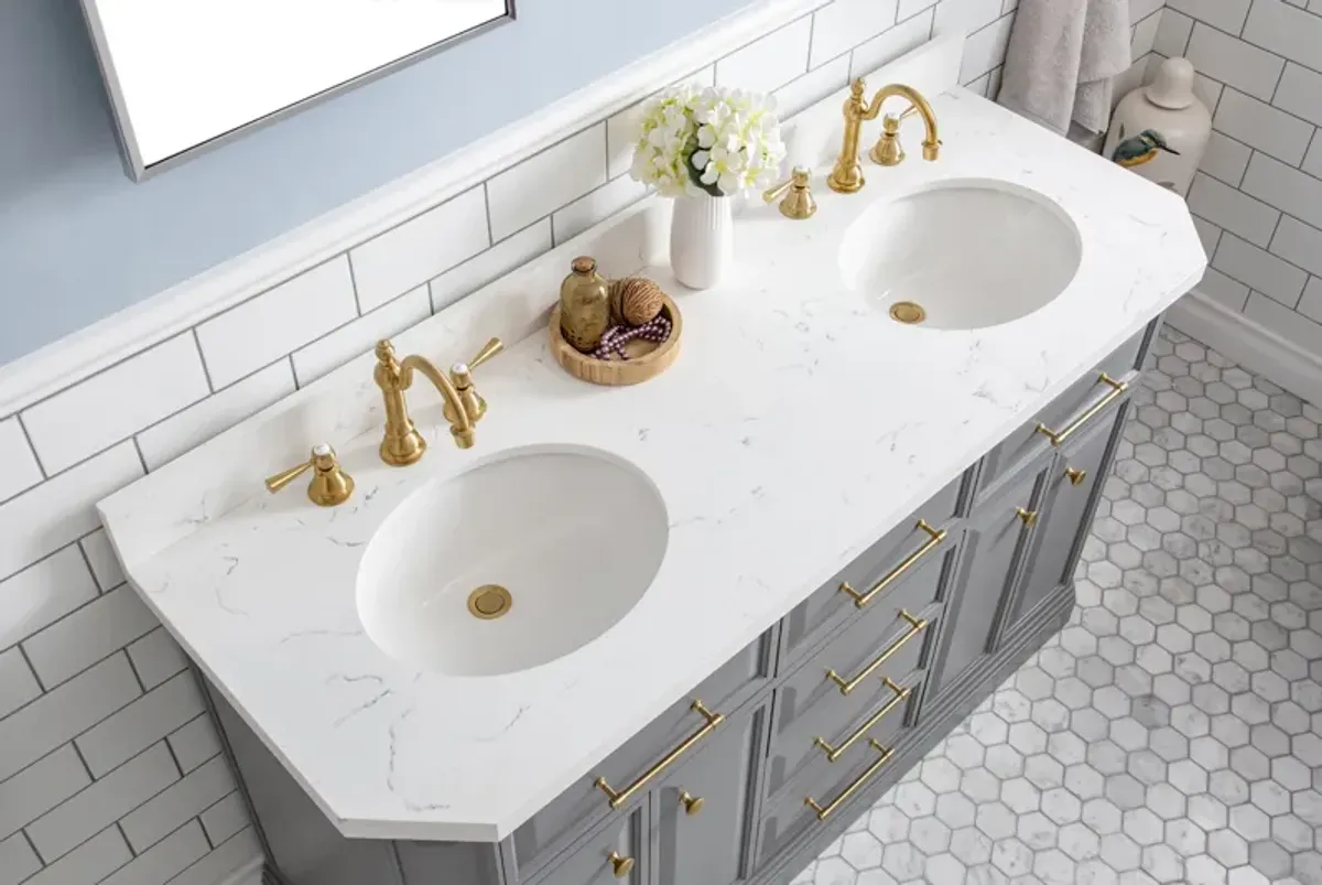 Palace 60 In. Double Sink Carrara Quartz Countertop Bath Vanity in Cashmere Grey with Satin Gold Hardware and Hook Faucets