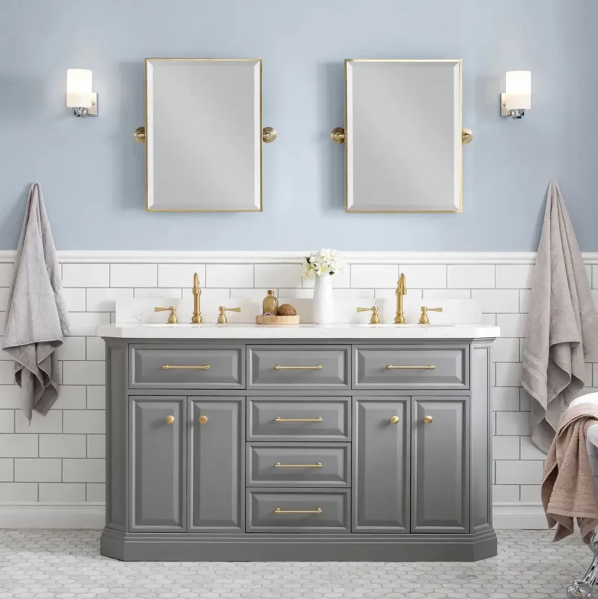 Palace 60 In. Double Sink Carrara Quartz Countertop Bath Vanity in Cashmere Grey with Satin Gold Hardware and Hook Faucets