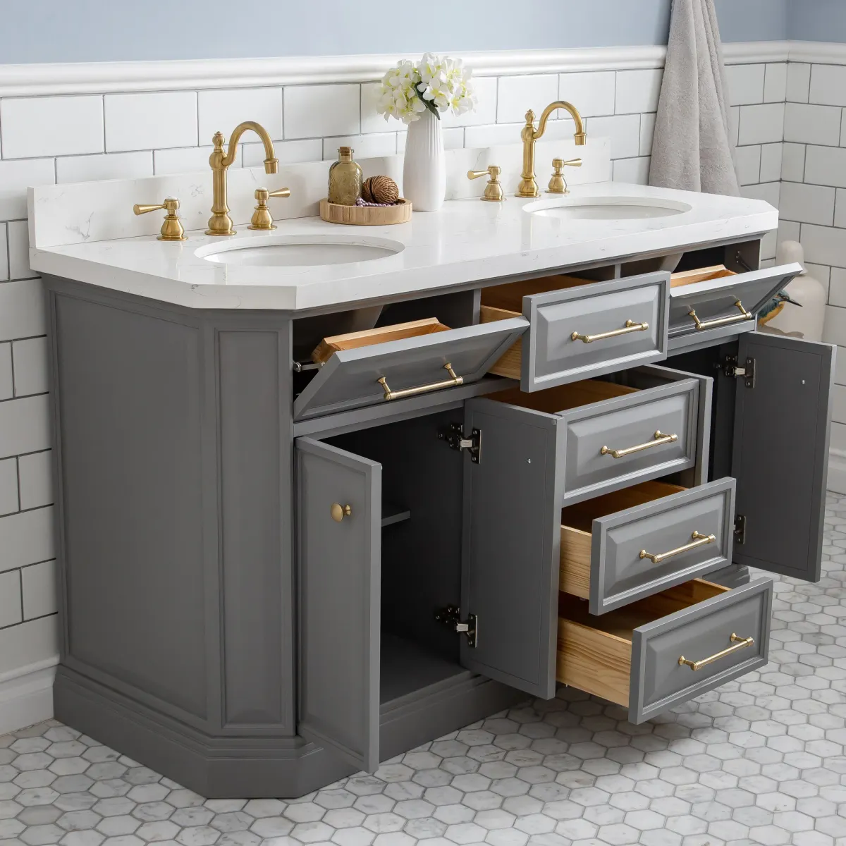 Palace 60 In. Double Sink Carrara Quartz Countertop Bath Vanity in Cashmere Grey with Satin Gold Hardware and Hook Faucets