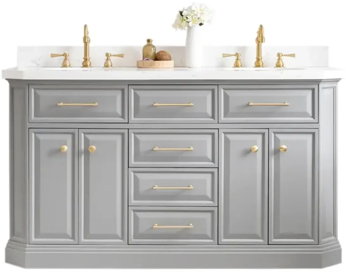 Palace 60 In. Double Sink Carrara Quartz Countertop Bath Vanity in Cashmere Grey with Satin Gold Hardware and Hook Faucets