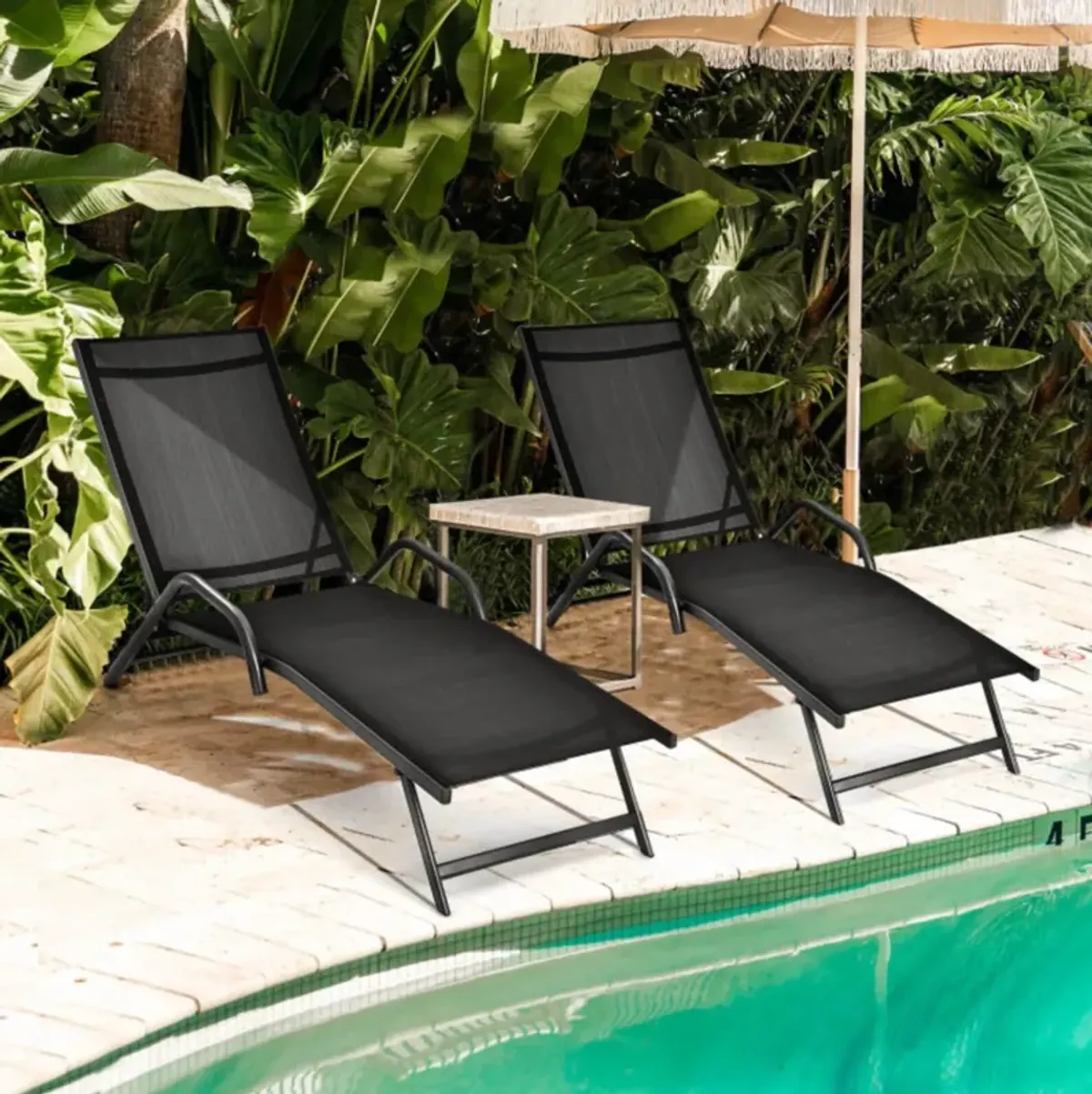 Hivvago 2 Pieces Outdoor Chaise Lounge with 5-Position Adjustable Backrest-Black