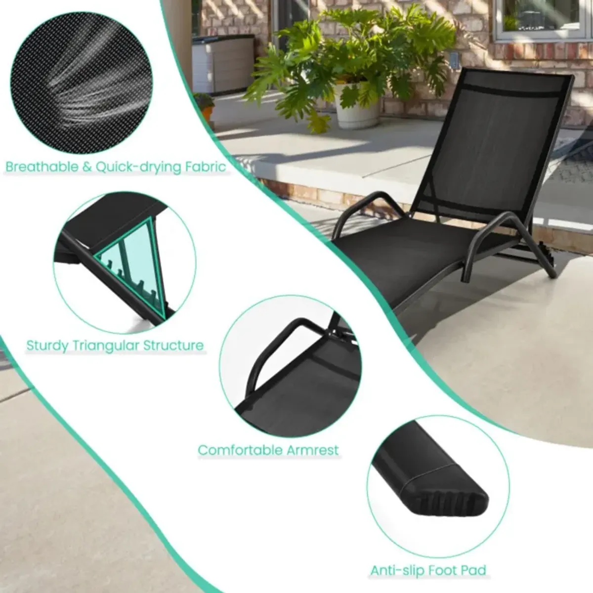 Hivvago 2 Pieces Outdoor Chaise Lounge with 5-Position Adjustable Backrest-Black