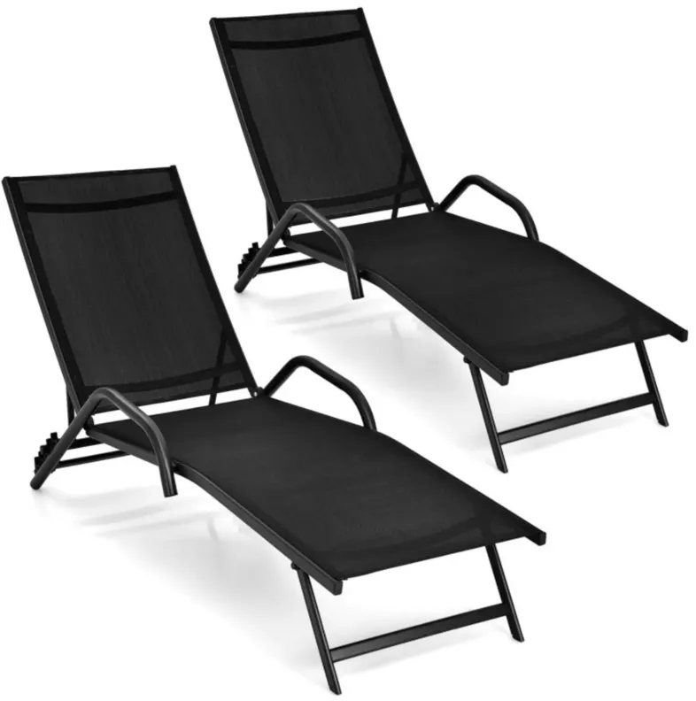 Hivvago 2 Pieces Outdoor Chaise Lounge with 5-Position Adjustable Backrest-Black