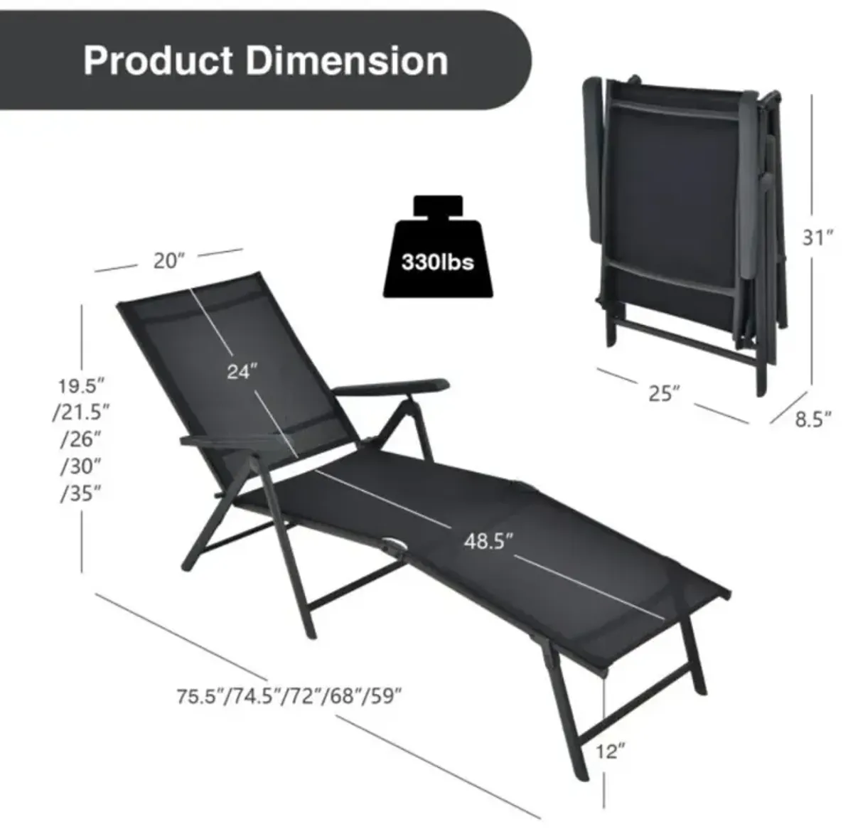 Hivvago 2 Pieces Foldable Chaise Lounge Chair with 2-Position Footrest