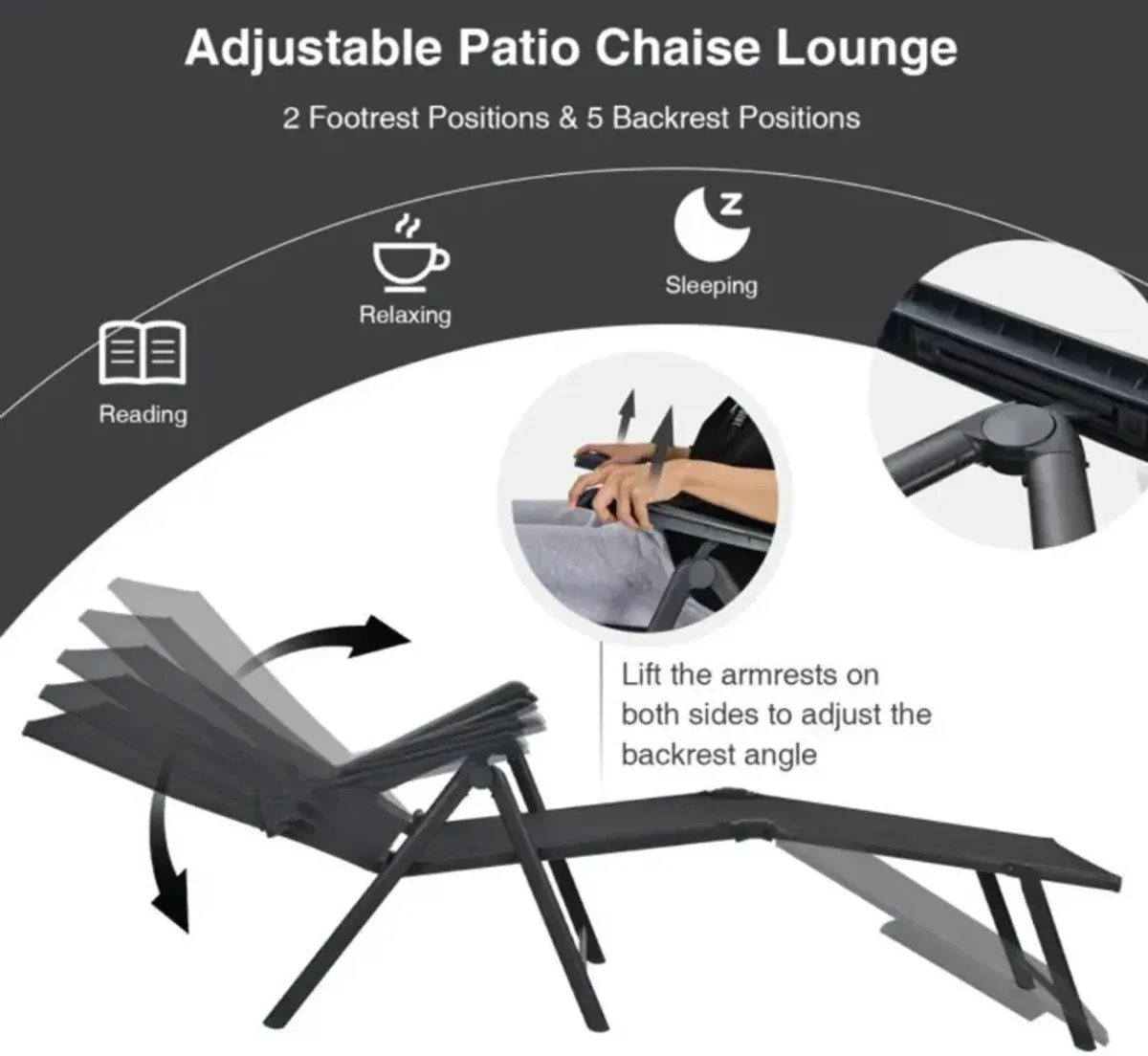 Hivvago 2 Pieces Foldable Chaise Lounge Chair with 2-Position Footrest