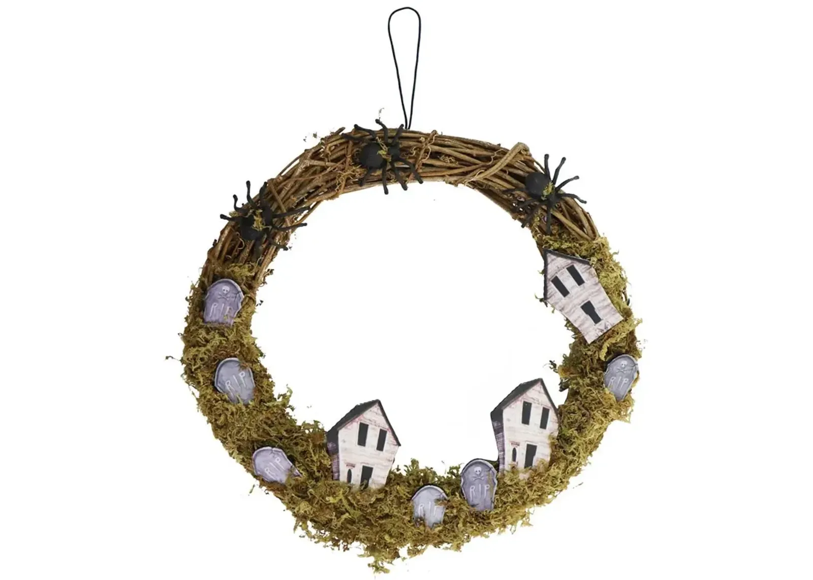 Haunted Hill Farm 15 Rattan Spooky Wreath with Spiders, Tombstones, & Haunted Houses