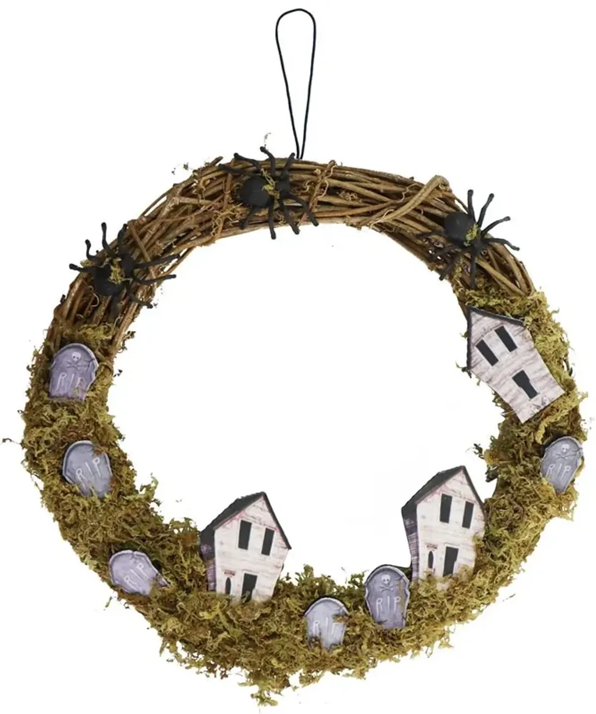 Haunted Hill Farm 15 Rattan Spooky Wreath with Spiders, Tombstones, & Haunted Houses