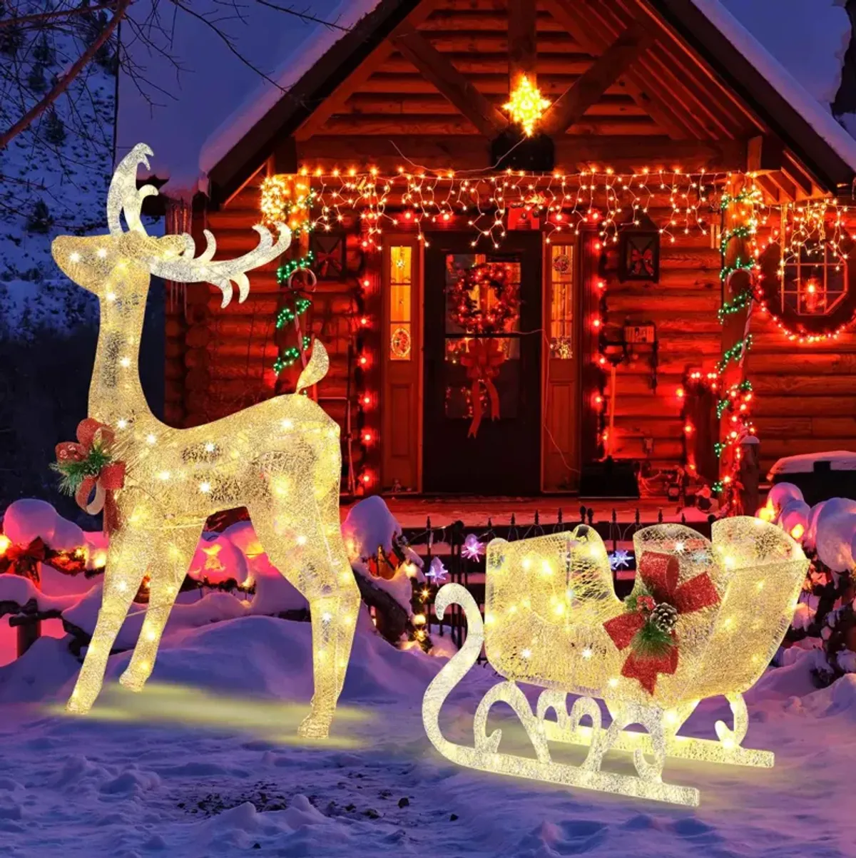 Christmas Reindeer Sleigh Decoration with 100 Lights-Golden