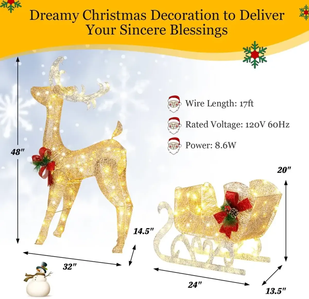 Christmas Reindeer Sleigh Decoration with 100 Lights-Golden