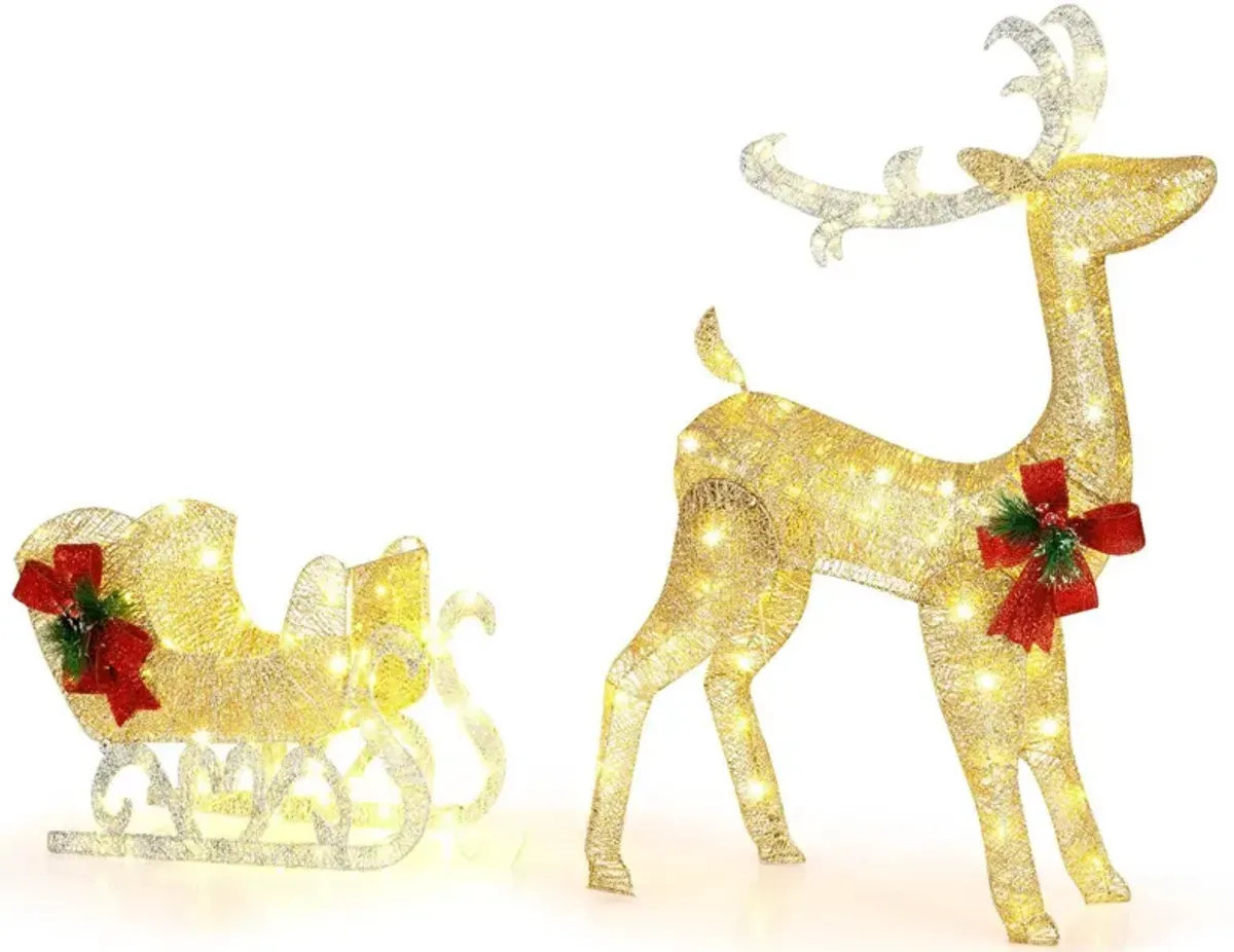 Christmas Reindeer Sleigh Decoration with 100 Lights-Golden