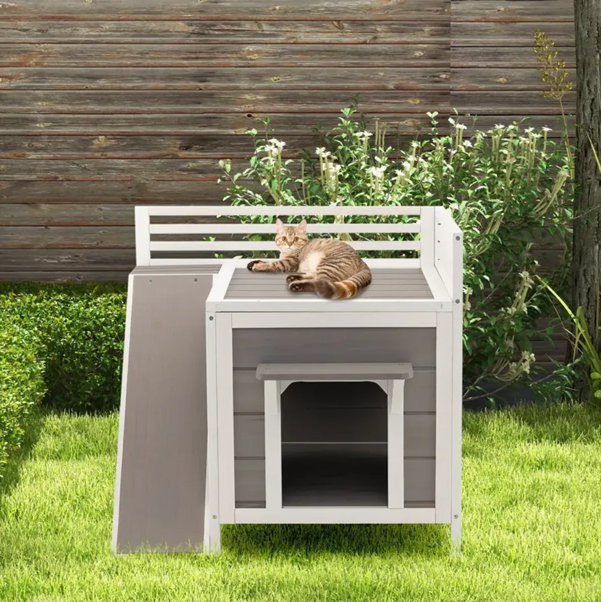 Outdoor Wooden Feral Cat House with Balcony and Slide-Grey