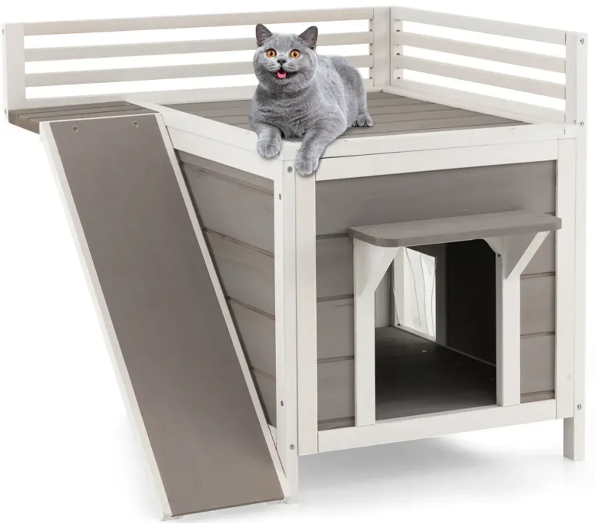 Outdoor Wooden Feral Cat House with Balcony and Slide-Grey