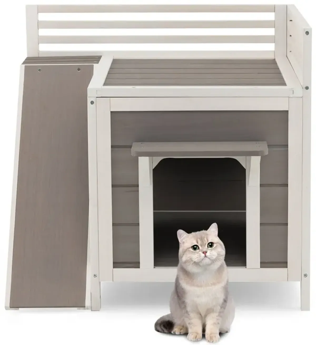 Outdoor Wooden Feral Cat House with Balcony and Slide-Grey