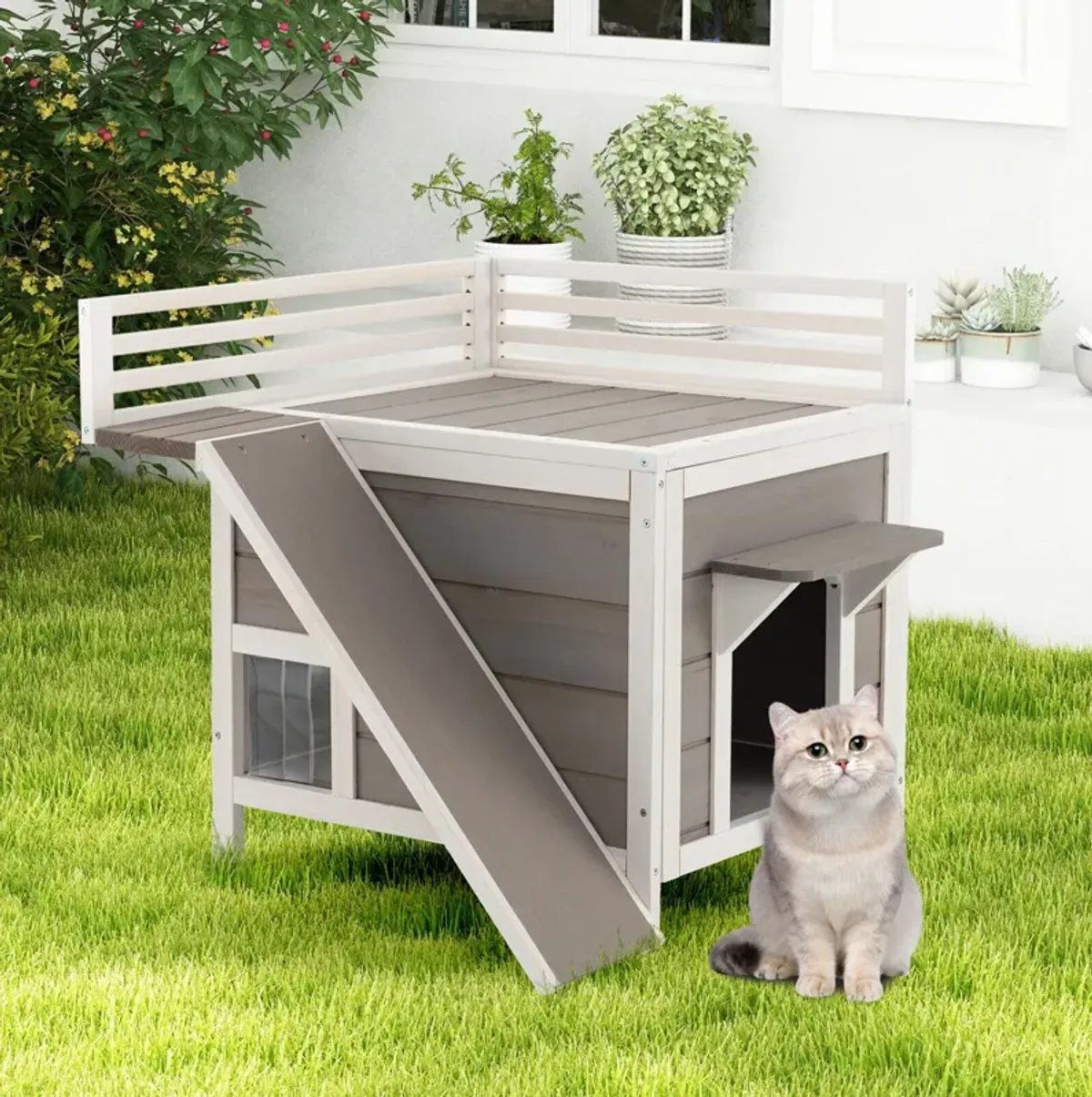 Outdoor Wooden Feral Cat House with Balcony and Slide-Grey