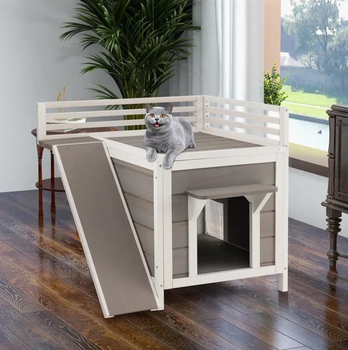 Outdoor Wooden Feral Cat House with Balcony and Slide-Grey