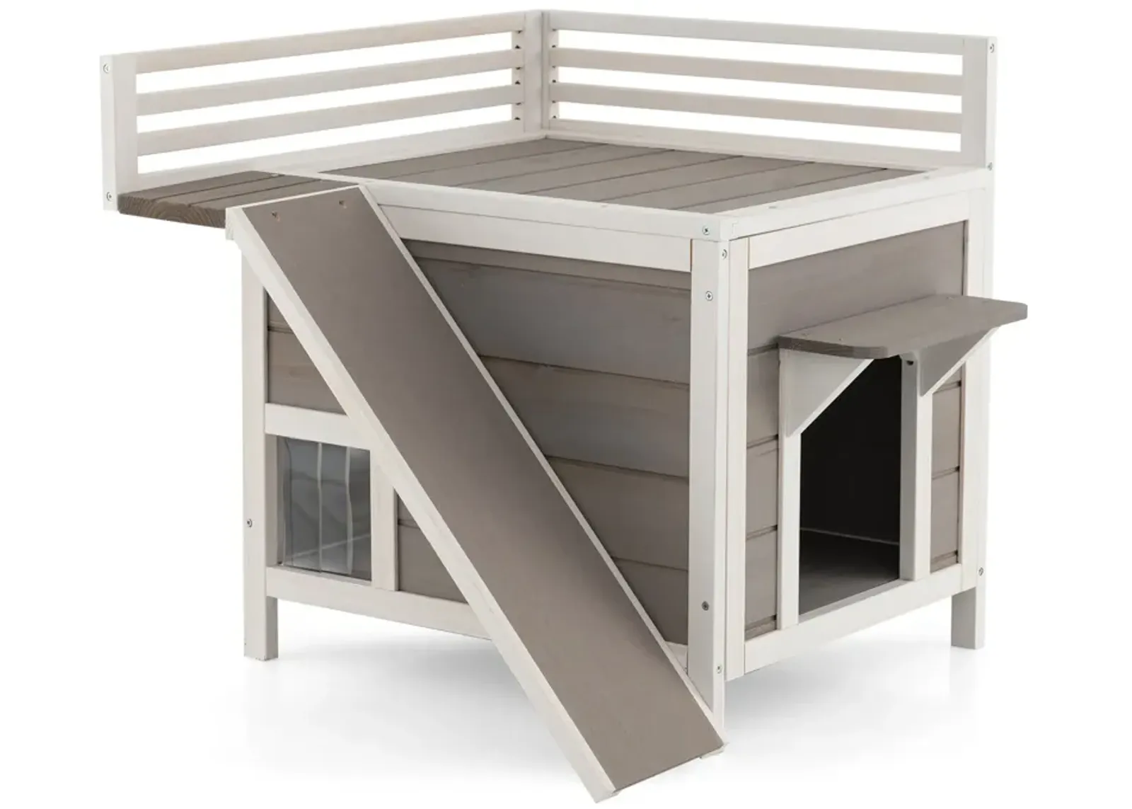 Outdoor Wooden Feral Cat House with Balcony and Slide-Grey