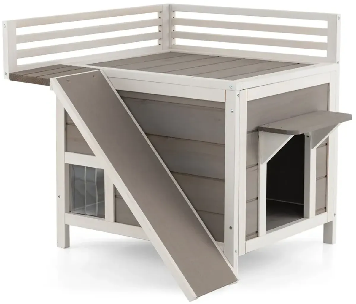 Outdoor Wooden Feral Cat House with Balcony and Slide-Grey